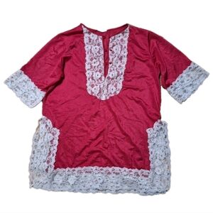 Vintage hot pink lace trim coquette romantic satin top Rave Dainty size medium